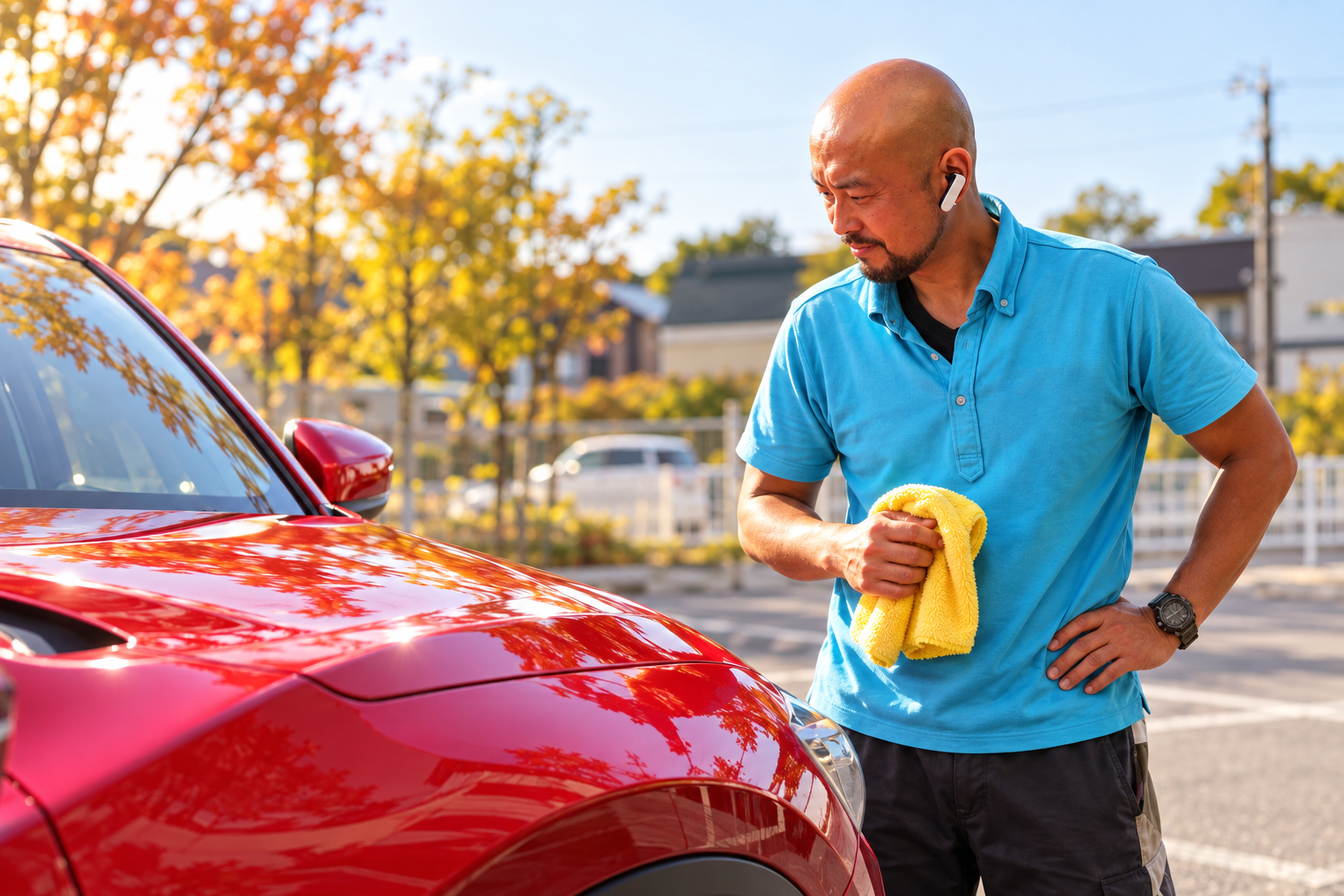 価格改定後、仕上げた赤い車を見つめるPONKOTU★MAN
